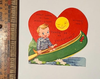 Vintage 1940s Canoe Valentine Card – Boy Moonlight Die Cut Ephemera