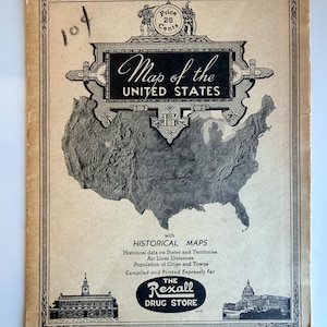May include: Vintage map of the United States, featuring a detailed grayscale depiction of the country's outline. The map includes historical data, air line distances, and population information. The text "Map of the United States" is prominently displayed, with the Rexall Drug Store logo.