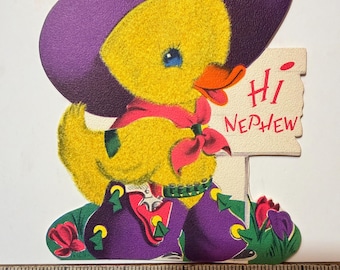 Vintage Flocked Cowboy Chick Easter Card | Norcross Die Cut “Hi Nephew” Greeting