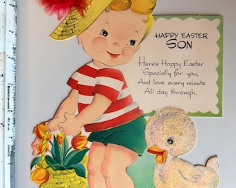 1950s Easter Greeting Card Die Cut Child & Duck Real Feather Hat Gibson Card