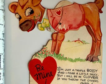 1930 1940 Vintage Mechanical Cow Valentine Card Be Mine Articulated Die Cut Mid Century