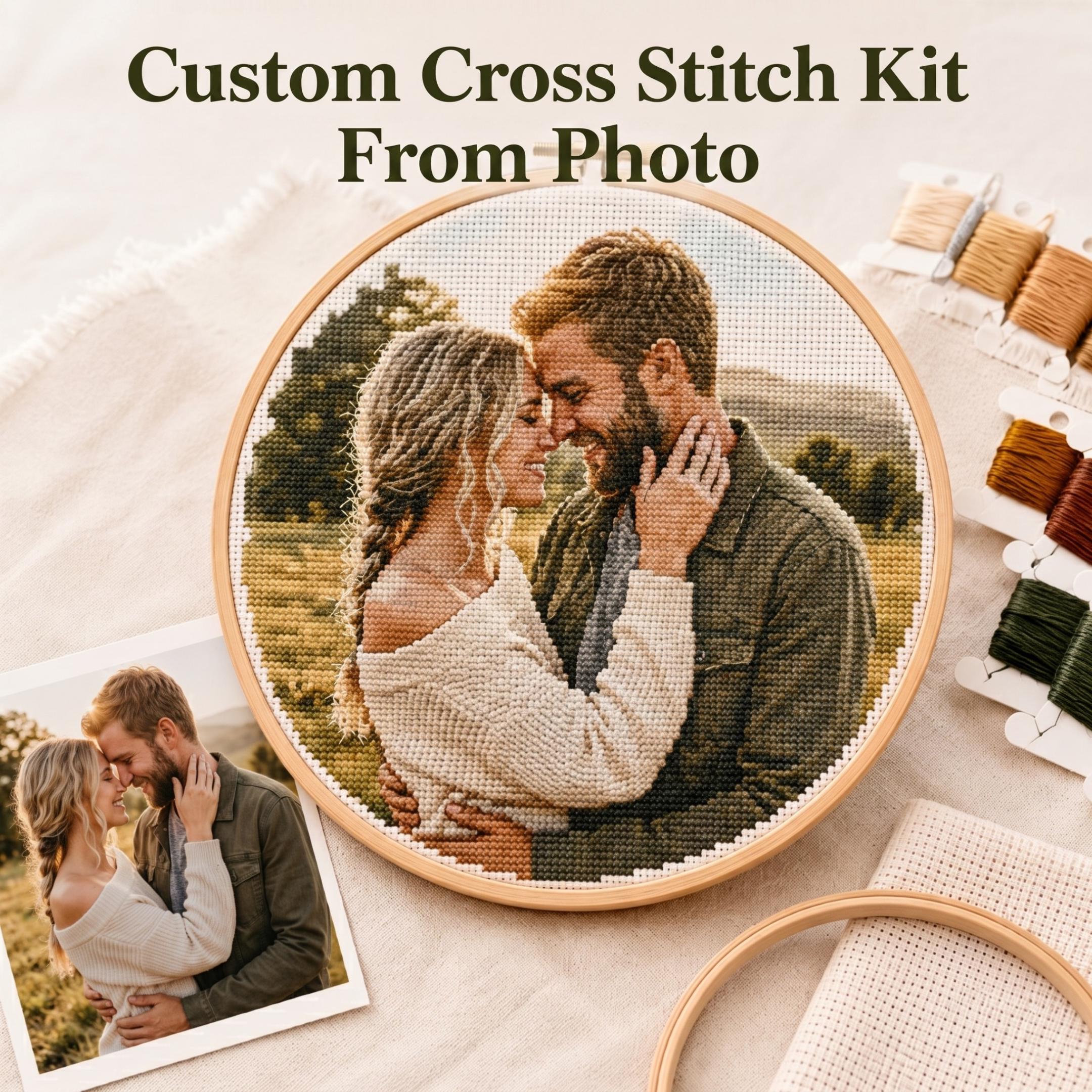 Custom Cross Stitch Kit From Photo, Personalized Pet Family Couple Portrait DIY Embroidery Gift, Physical Needlework Set