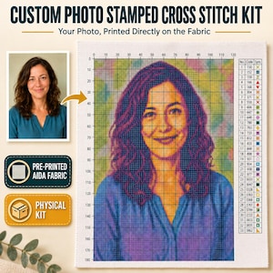 May include: A custom photo stamped cross stitch kit featuring a pre-printed Aida fabric with a grid pattern and a color-coded legend. The design displays a portrait of a person with wavy hair in a blue shirt, with a reference photo included.