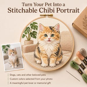 May include: A round wooden embroidery hoop containing a cross-stitch portrait of a calico cat sitting in front of a potted plant. Beside the hoop are embroidery floss skeins in green, cream, and orange, a needle, and a printed photo of the cat.