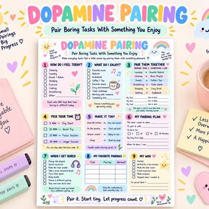 Pode incluir: Uma folha de trabalho colorida de Dopamine Pairing com nove seções numeradas para gestão de tarefas. O documento inclui listas de verificação, sugestões para combinar tarefas entediantes com atividades agradáveis e espaço para acompanhar o progresso.