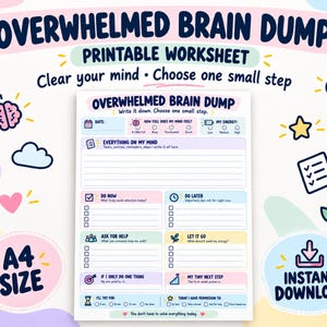 Può includere: Un foglio di lavoro stampabile in formato A4 intitolato Overwhelmed Brain Dump con sezioni per attività, livelli di energia e priorità. Il documento presenta riquadri color pastello, icone e suggerimenti per aiutare a organizzare i pensieri.