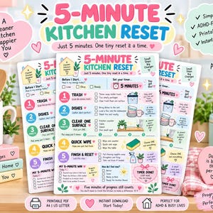 May include: A printable 5-Minute Kitchen Reset checklist featuring a numbered task list, timer instructions, and motivational text. The design uses a pastel color palette with pink, blue, and green accents, including icons for trash, dishes, and cleaning supplies.