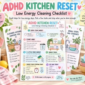 Könnte beinhalten: Eine ADHD Kitchen Reset Checkliste für die Reinigung bei wenig Energie mit sechs nummerierten Abschnitten und Kontrollkästchen, illustriert mit Pastell-Symbolen wie Tasse, Schwamm und Wecker sowie Texten wie Small Steps Big Changes und Progress Not Perfection.