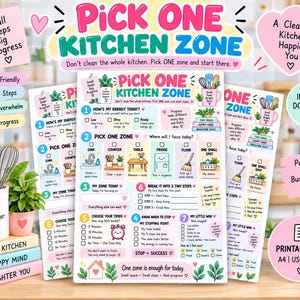 Puede incluir: Una lista de control de limpieza de cocina imprimible titulada Pick One Kitchen Zone con siete pasos numerados, iconos coloridos y casillas de verificación para seguir el progreso. El documento incluye secciones para niveles de energía, selección de zona, temporizadores y logros.