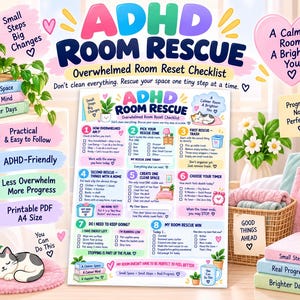 Puede incluir: Una lista de verificación imprimible ADHD Room Rescue con ocho pasos numerados para organizar un espacio. El documento incluye texto, casillas de verificación e ilustraciones de un gato, plantas y un temporizador, todo en un diseño colorido y suave.