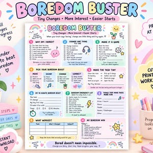 Op de afbeelding: Een printbaar Boredom Buster werkblad met tien genummerde secties met checklists en prompts om taken te beheren. Het document bevat pastelkleurige afbeeldingen van regenbogen, sterren en wolken, met tekst die aanzet tot kleine veranderingen.