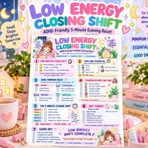 Può includere: Una lista di controllo stampata intitolata Low Energy Closing Shift, che presenta sette passaggi numerati per un ripristino serale adatto all'ADHD. Il documento include illustrazioni colorate di una casa, un personaggio che dorme e icone per le attività quotidiane.
