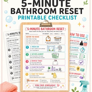 May include: A digital download ADHD 5-minute bathroom reset printable checklist on a clipboard. The document features five numbered steps, icons, and instructions for cleaning. Includes a light blue spray bottle and a folded pink towel nearby.