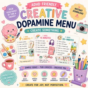 May include: A digital ADHD Friendly Creative Dopamine Menu chart featuring three time-based activity lists for 5, 15, and 30+ minutes. The graphic includes illustrations of a brain, paint palette, camera, mug, and pencils with text prompts for creative tasks.