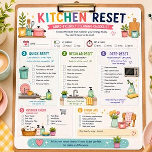 May include: A clipboard featuring a Kitchen Reset ADHD-friendly cleaning checklist with colorful illustrations of kitchen items. The document includes sections for Quick, Regular, and Deep resets, a restock check, and a finish line with checkboxes.