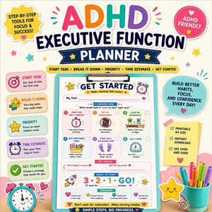 May include: An ADHD executive function planner on a light blue clipboard. The page features a Get Started section with six numbered steps, task tracking fields, and motivational text. Colourful icons include a rocket, alarm clocks, and stars.