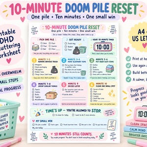 Könnte beinhalten: Ein druckbares ADHD-Aufräum-Arbeitsblatt mit dem Titel 10-Minute Doom Pile Reset. Das Dokument enthält ein farbenfrohes Raster mit sechs nummerierten Schritten, Kontrollkästchen und Illustrationen von einem Timer, Müllbeutel, Korb und Karton.