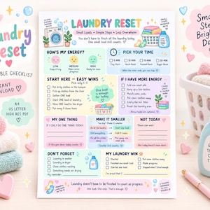 May include: A printable Laundry Reset checklist featuring pastel colors, cute illustrations of laundry items, and sections for energy levels, time management, and daily tasks. The text includes Laundry Reset, Small Steps Brighter Days, and various prompts.