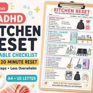 May include: A digital download ADHD kitchen reset printable checklist on a clipboard. The document features sections for 5, 10, and 20-minute cleaning tasks with colorful illustrations of cleaning supplies, a fridge, a stove, and a dishwasher.