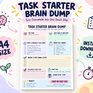 Puede incluir: Una página de planificador Task Starter Brain Dump en tamaño A4. El documento incluye secciones para detalles de tareas, obstáculos, necesidades, pasos pequeños y recompensas. Contiene iconos de colores pastel como un cerebro, corazón, portapapeles y temporizador.