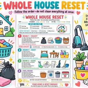 May include: A Whole House Reset cleaning checklist featuring four rounds of tasks, illustrated with icons of a house, laundry basket, vacuum, and cleaning supplies. The text includes instructions like Follow the order—do not clean everything at once and Small steps brighter spaces.