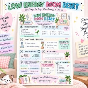 Może przedstawiać: Drukowna lista kontrolna A4 Low Energy Room Reset z ośmioma numerowanymi krokami do organizacji przestrzeni. Dokument zawiera pola wyboru, ilustracje roślin, kota oraz teksty zachęcające do wykonywania małych zadań porządkowych.