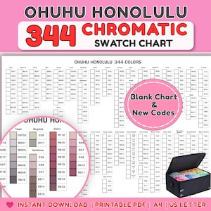 Tabela de cores Ohuhu Honolulu 344 em PDF | Folha de amostras de marcadores em branco | Somente códigos novos | Imprimível em A4 e Carta (EUA)