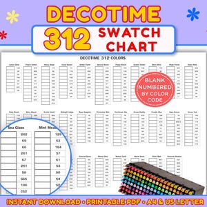 Könnte beinhalten: Eine Decotime 312 Farbtabelle mit einem Raster aus Farbnamen und numerischen Codes auf weißem Hintergrund. Ein kreisförmiger Ausschnitt hebt bestimmte Farbeinträge hervor, und ein schwarzes Tablett mit bunten Markern ist unten rechts zu sehen.