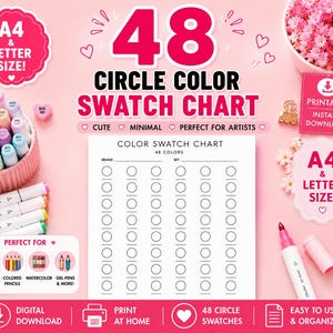 Può includere: Un grafico di campioni di colore rosa e bianco con il testo "48 Circle Color Swatch Chart". L'immagine include pennarelli, matite colorate e un download stampabile. Il grafico è in formato A4.