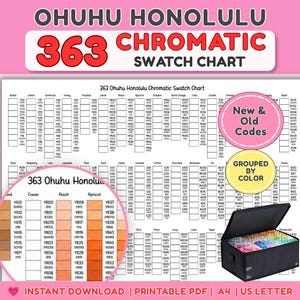 Puede incluir: Una tabla de muestras 363 Ohuhu Honolulu Chromatic Swatch Chart con una cuadrícula de nombres y códigos de color, una vista circular detallada de tonos naranja y crema, y un estuche negro con marcadores. El texto dice New & Old Codes y Grouped by Color.