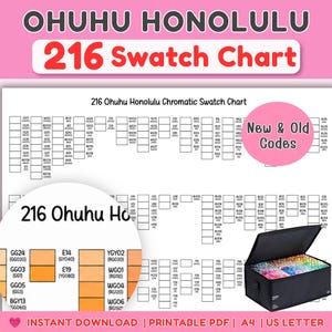 Puede incluir: Una tabla de colores Ohuhu Honolulu 216 blanca con una cuadrícula de códigos de color y etiquetas. Un recuadro circular muestra muestras de color naranja con códigos. Un estuche negro lleno de marcadores es visible en la esquina inferior derecha.