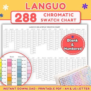 Pode incluir: Uma tabela de amostras cromáticas Languo 288 com uma grade de caixas numeradas para cores de tinta acrílica. O documento inclui uma inserção circular mostrando amostras de cores rotuladas como Blush e Deep Blue, com o texto Blank & Numbered.