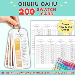 May include: Ohuhu Oahu 200 swatch card set for markers, featuring printable PDF templates in A4 and US letter sizes. Includes a ring-bound fan of white cards with color-coded labels, blank templates for new and old codes, and a colorful marker cap display.