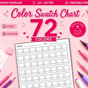May include: A pink and white colour swatch chart with the text "Color Swatch Chart" and "72 COLORS". The chart includes spaces for colour swatches, with a pink heart and a printer icon. Coloured pencils and markers surround the chart.
