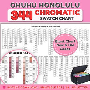 May include: A white Ohuhu Honolulu 344 Chromatic Swatch Chart with black text and grid boxes for colour samples. The chart includes a circular pink overlay with the text Blank Chart New & Old Codes and a black carrying case for markers.