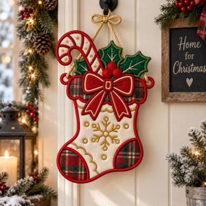 Può includere: Una decorazione da parete a forma di calza natalizia con centro color crema, un fiocco di neve ricamato in oro, dettagli a quadri rossi e verdi, un grande fiocco rosso, foglie di agrifoglio verdi e un bastoncino di zucchero, appesa a un cordino.