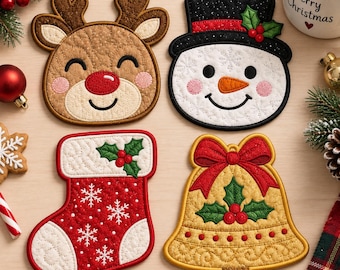 May include: Four quilted fabric coasters featuring Christmas designs: a brown reindeer with a red nose, a white snowman wearing a black top hat, a red stocking with white snowflakes, and a gold bell with a red bow and green holly leaves.