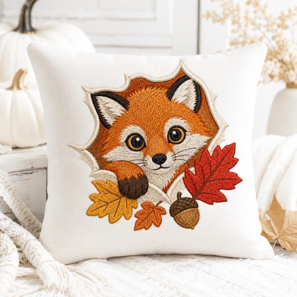 Fall Funny Fox Embroidery File, Cute Woodland Fox Peeking Through Fabric Design, Autumn Leaves Machine Embroidery PES DST