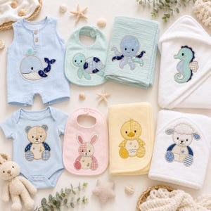 Patchwork Baby Animal Applique Bundle, Cute Machine Embroidery Designs, Ocean Farm Woodland Animals, Nursery Digital Download