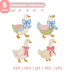 Quilted Goose Applique Embroidery Pack, Baby Waterfowl Applique File, Cottagecore Nursery Birds, Patchwork Farmhouse, 5 Sizes