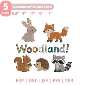 May include: Digital embroidery design featuring a gray rabbit, orange fox, brown squirrel with an acorn, brown hedgehog, and gray raccoon. The text Woodland! is centered in multicolored letters. Includes 5 sizes: 3.8", 4", 5", 6", and 7" in EXP, DST, JEF, PES, and VP3 formats.