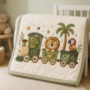 May include: A cream-coloured quilted blanket featuring an embroidered train with a green crocodile conductor, a lion passenger, and a parrot. The design includes a palm tree, small stars, and leaf motifs in shades of green, brown, and yellow.