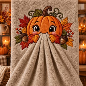 Può includere: Un asciugamano beige testurizzato con un ricamo raffigurante una zucca arancione sorridente con grandi occhi e guance rosa, circondata da foglie autunnali colorate, ghiande e piccole bacche rosse, con il tessuto drappeggiato al centro.