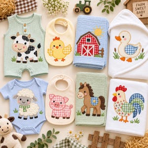May include: A collection of baby items featuring farm animal motifs, including a light green cow romper, a blue sheep bodysuit, two bibs with a chick and pig, two folded towels with a barn and horse, and a white hooded duck towel and rooster towel.