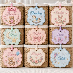 Könnte beinhalten: Neun geflochtene Weidenkörbe mit Stoffeinsätzen, jeder mit einem gewellten, bestickten Anhänger mit den Namen Amelia, Theodore, Evelyn, Oliver, Violet, Luna, Henry, Harper und Caleb, verziert mit Motiven wie Bären, Pferden, Hasen und Blumen.