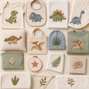 May include: A collection of cream, sage green, and light blue textile items featuring embroidered dinosaur, botanical, and fossil motifs. Included are a baby bodysuit, bib, muslin cloths, a small tote bag, a beanie, a pouch, and a hoop.