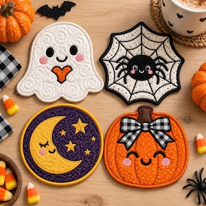 Paquete de bordado para posavasos de Halloween ITH, posavasos de fantasma, araña, calabaza y luna, archivo de bordado a máquina de apliques de patchwork espeluznantes para bordado en bastidor