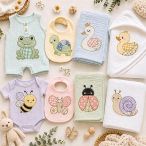 Patchwork Baby Animal Applique Embroidery Bundle, Frog Turtle Duck Bee Butterfly Ladybug Snail Machine Embroidery Designs