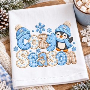 Gezellige pinguïn applicatie borduurpatroon, schattige winterpinguïn sneeuwvlok machineborduurbestand, kerstapplicatie