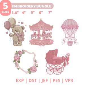 Op de afbeelding: Een borduurpakket met vijf ontwerpen: een teddybeer met ballonnen, een draaimolen, een heteluchtballon met rozen, een bloemenkader en een kinderwagen. De tekst bevat 5 SIZES 3.8" 4" 5" 6" 7" en de bestandsformaten EXP, DST, JEF, PES, VP3.